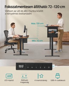 SONGMICS elektromosan állítható magasságú íróasztal, 140 x 60 cm, 4 memóriahellyel, USB-C töltőporttal és tárolózsebbel, vintage barna és fekete