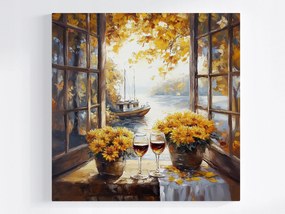 Poszter Ablak Ősz Hajó Bor Virágok Krizantém 40x40