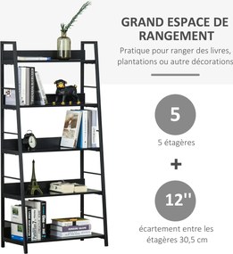 HOMCOM Ipari Stílusú Fali Könyvespolc 5-Szintes Tároló 70 x 35 x 150 cm Fekete | Aosom