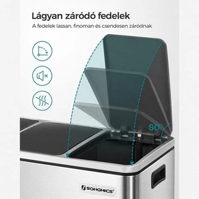 Szelektív szemetes 54 liter, hulladékleválasztó rendszer 3 rekeszes, ezüst