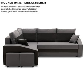 Grande sarokkanapé polcokkal és puffokkal , polc a jobb karfaban puffok a bal karfaban, baloldali, szövet anyag, bonell töltet, szürke - fekete