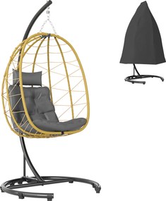 Outsunny Függőszék 150kg teherbírással, Összecsukható kosárral és párnákkal, Kerti Ringató Szék Acélból és PE Rattanból, 102x102x195 cm, Fekete, Szürk