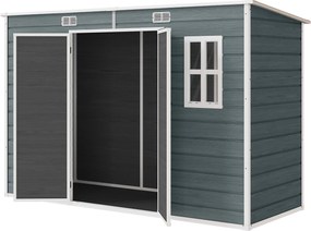 Outsunny kerti tároló 3,2 m² (34,5 ft²), 303×123×197 cm (9'11" x 4'0" x 6'6") — műanyag tároló ablakokkal, dupla ajtóval, zárható szellőzővel, fa hatá