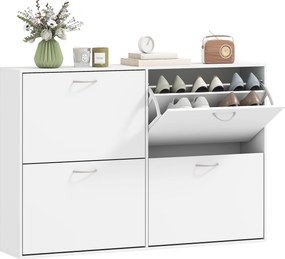 HOMCOM Fehér Cipőszekrény Modern Cipő Szervező 4 Lehajtható Fiókkal és Állítható Polcokkal 16-24 Páros Cipőhöz Előszobába 120x24x81 cm | Aosom