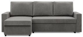 Zeus sarokkanapé, 2 ágyneműtartóval, egyenes kartámasz, bársony, univerzális oldal, hab töltet, világosszürke