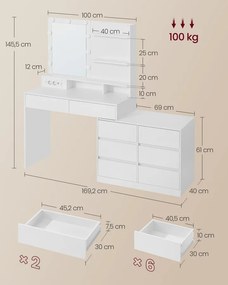 VASAGLE Kailyn LED-es sminkasztal 8 fiókkal és tükörrel, felhőfehér
