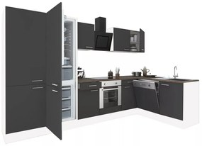 Yorki 340 sarok konyhabútor fehér korpusz,selyemfényű antracit front alsó sütős elemmel polcos szekrénnyel, alulfagyasztós hűtős szekrénnyel