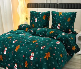 Mikroplüss ágyneműhuzat szett SNOWMAN AND GINGERBREAD zöld + mikroplüss lepedő SOFT 90x200 cm fehér, egyszemélyes ágyhoz