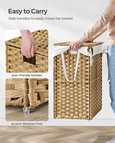 Kézzel szőtt szennyestartó, 90 literes, szintetikus rattan ruháskosár natúr
