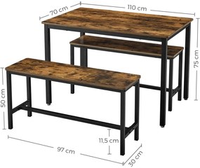Étkezőasztal 2 paddal, 110 x 75 x 70 cm, rusztikus barna