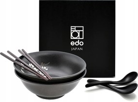 2 db-os tál szett kanállal és pálcikákkal Ramen Anemone Black 1100 ml Box