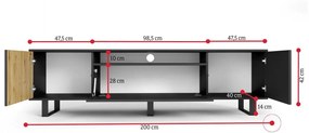 RASS TV asztal lábakkal, 200x56x40, fekete matt/tölgy