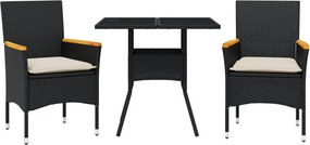 vidaXL 3 részes fekete polyrattan/üveg kerti étkezőgarnitúra párnákkal