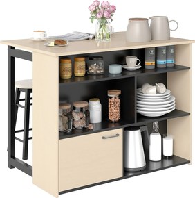 HOMCOM Bárasztal és Bárszék Szett, 2 Fős Bárasztali Szett, Étkezőasztal Kihajtható Asztallappal, Szekrény, 2 Szék, Lábpihenő, Modern Pultasztal Étkező