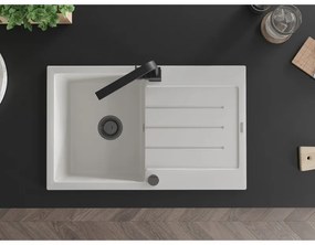 Mexen Bruno, gránit mosogató 795x495x200 mm, 1 kamrás, fehér fekete szifonnal és fekete Rita mosogató csapteleppel, 6513-20-670300-70