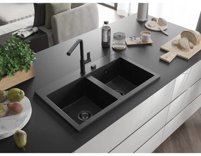 Mexen Hektor, 2 kamrás gránit mosogató 800x480x205 mm, fekete, grafit szifon, 6521802000-77-B