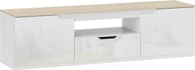 TV-szekrény, 160 x 38 x 43 cm akár 65"-os tévékhez, 3 rekesszel, fiókkal, natúr fa