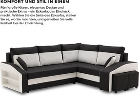 Grande sarokkanapé polcokkal és puffokkal , polc a bal karfaban puffok a jobb karfaban, jobboldali, szövet anyag, bonell töltet, fekete - fehér