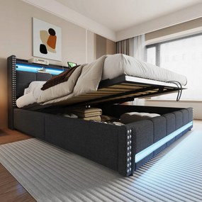 Kárpitozott ágy 180*200 cm Hidraulikus dupla ágy Led Usb szürke