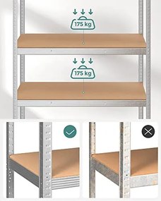 5 szintes polcrendszer, acél polcrendszer tároláshoz, teherbírás 875 kg, 60 x 120 x 200 cm, ezüst