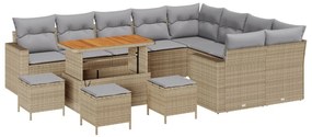 12 darabos kertikézmű párnákkal bézs poly rattan akác, 3 darabos kert étkező szett párnákkal bézs poly rattan akác