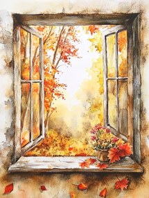 Vászonkép Canvas Dekoráció Ablak Kilátás Fa Ősz Virágok 75x100