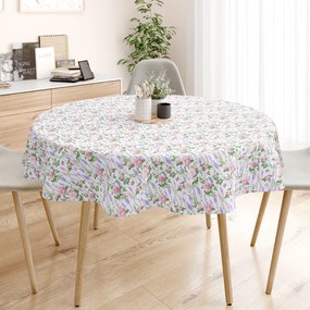 Goldea pamut asztalterítő - rózsa virágok és levandulák - kör alakú Ø 100 cm