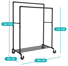 Két ágú gurulós ruhatartó állvány, fekete