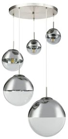 Globo 15851-5 Függeszték, nikkel matt, üveg átlátszó,króm, 5 gömb, DM: 2x15-20-25-35 cm, Foglalat típusa:5xE27 60W 230V