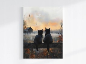 Vászonkép Canvas Őszi Falu Rét Köd Fekete Macskák Barátság 60x80