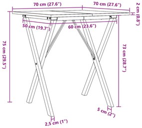 tömör fenyőfa és öntöttvas étkezőasztal X-vázzal 70x70x75 cm