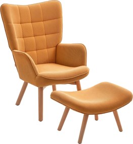 HOMCOM Karosszék Lábpihentetővel, Magas Hátú Szárnyas Szék, Fából készült Lábakkal, Stílusos Karosszék Göndör Mintázattal, Corduroy Hatású, Nappaliba,