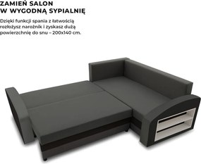 Grande sarokkanapé polcokkal , polc a jobb karfaban, jobboldali, szövet anyag, hab töltet, szürke - fekete