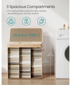 Fedeles szennyeskosár, bambusz ruháskosár 150 L, természetes bézs színben