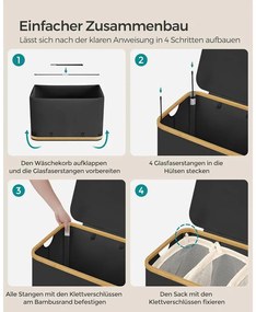 SONGMICS szennyeskosár fedéllel – 3 rekeszes ruhagyűjtő, 150 L űrtartalommal fekete színben