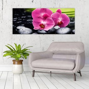 Kép - Rózsaszín orchidea pálmalevéllel (120x50 cm)