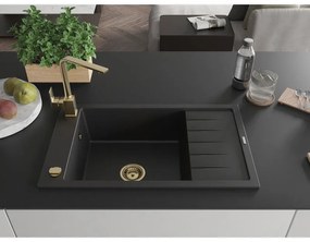 Mexen Elias, gránit mosogató gránit 795x480x200 mm, 1 kamrás, fekete arany szifonnal és arany Rita mosogató csapteleppel, 6511-77-670300-50