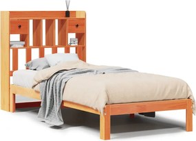 vidaXL barna tömör fenyőfa könyvespolcos ágy matrac nélkül 100 x 200cm