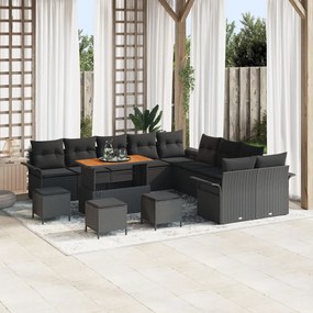 13 Darabos Kert Kanapészett Párnákkal Fekete Poli Rattan Akácia, 2-Fős Kert Kanapé Párnákkal Fekete Poli Rattan, 3 Darabos Kert Étkező Szett Párnákkal Fekete Poli Rattan Akácia