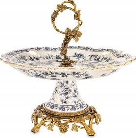 Palota tálca Retro kerámia öregített fehér kék arany patera láb