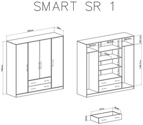 Smart SR1 négyajtós ruhásszekrény két fiokkal - artisan-tölgy