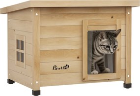 PawHut Fa Kerti Macska Ház Téli Vízálló Macska Menedék Aszfalt Tető Ablakkal Ajtófüggönnyel Emelt Macska Barlang 57 x 45 x 43 cm Sárga | Aosom