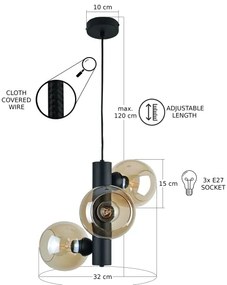 Csillár zsinóron TUBE 3xE27/60W/230V fekete/füstös bézs