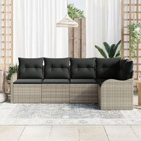 5 darabos Kerti Kanapészett párnákkal Világosszürke Poli Rattan, 2 férőhelyes Kerti Kanapé tárolóval és párnákkal Világosszürke Poli Rattan