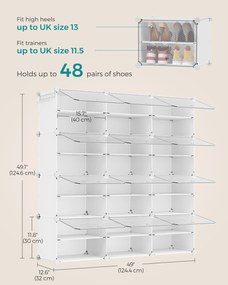 Összekapcsolható cipőtartó állvány akár 48 pár cipőhöz, fehér és átlátszó