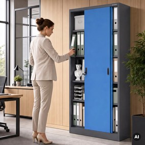 Fém irodai szekrény tolóajtókkal, antracit-kék, 900x1850x400 mm: KUBA