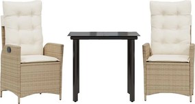 vidaXL 3 részes bézs polyrattan kerti étkezőgarnitúra párnákkal