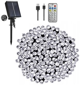 21,6 m-es 480 LED-es fényfüzér, hybrid tölthető-napelemes, hideg fehér, 8 világítási mód, időzíthető, távvezérlős