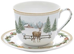 Karácsonyi porcelán nagy reggeliző csésze aljjal szarvasos White Forest díszdobozban