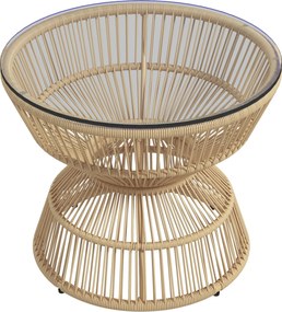 Outsunny Rattan Oldal asztal, Ø60 cm Kávézóasztal Kertasztal Edzett Üveg Asztallappal, Balkon Asztal Boho Dizájnban, Kávézóasztal a Kerthez, Balkonhoz